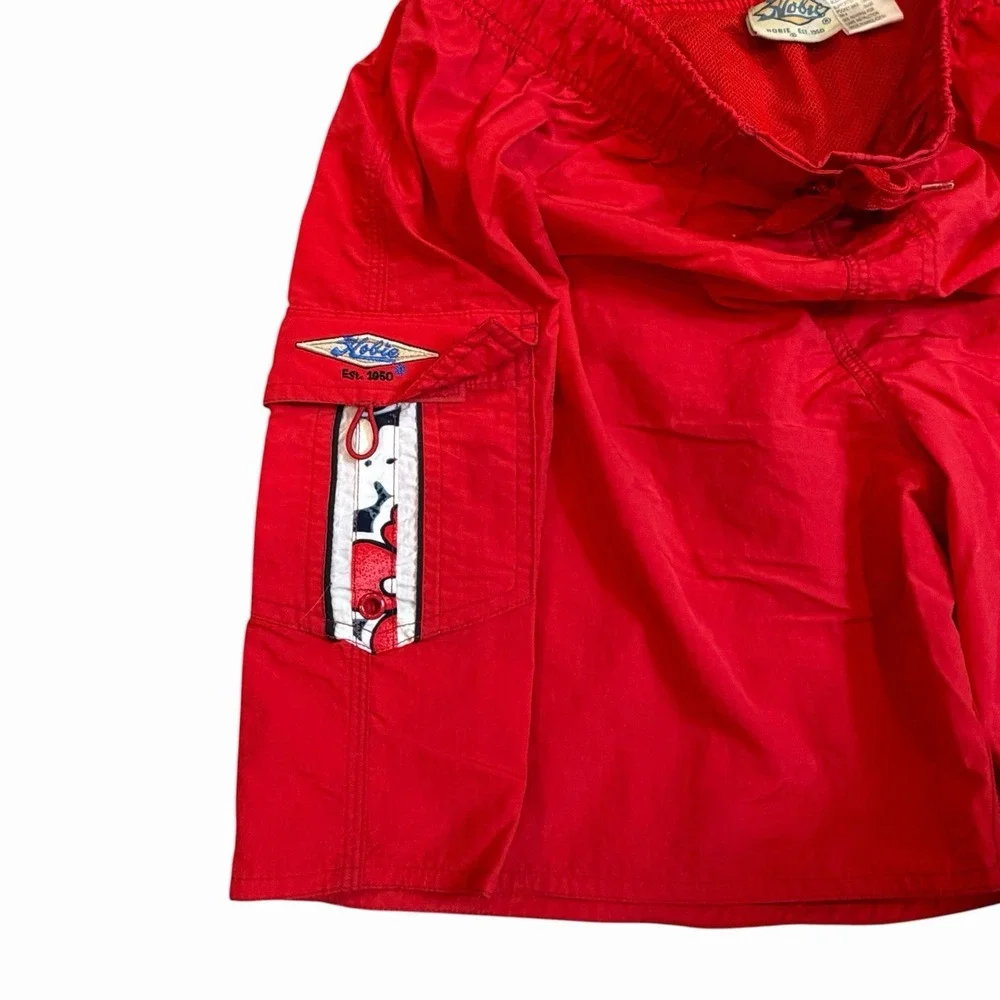 Vtg Hobie Swim Trunks Board Surf Shorts Hawaiian Hibiscus 90s‎ Cargo Pocket Red